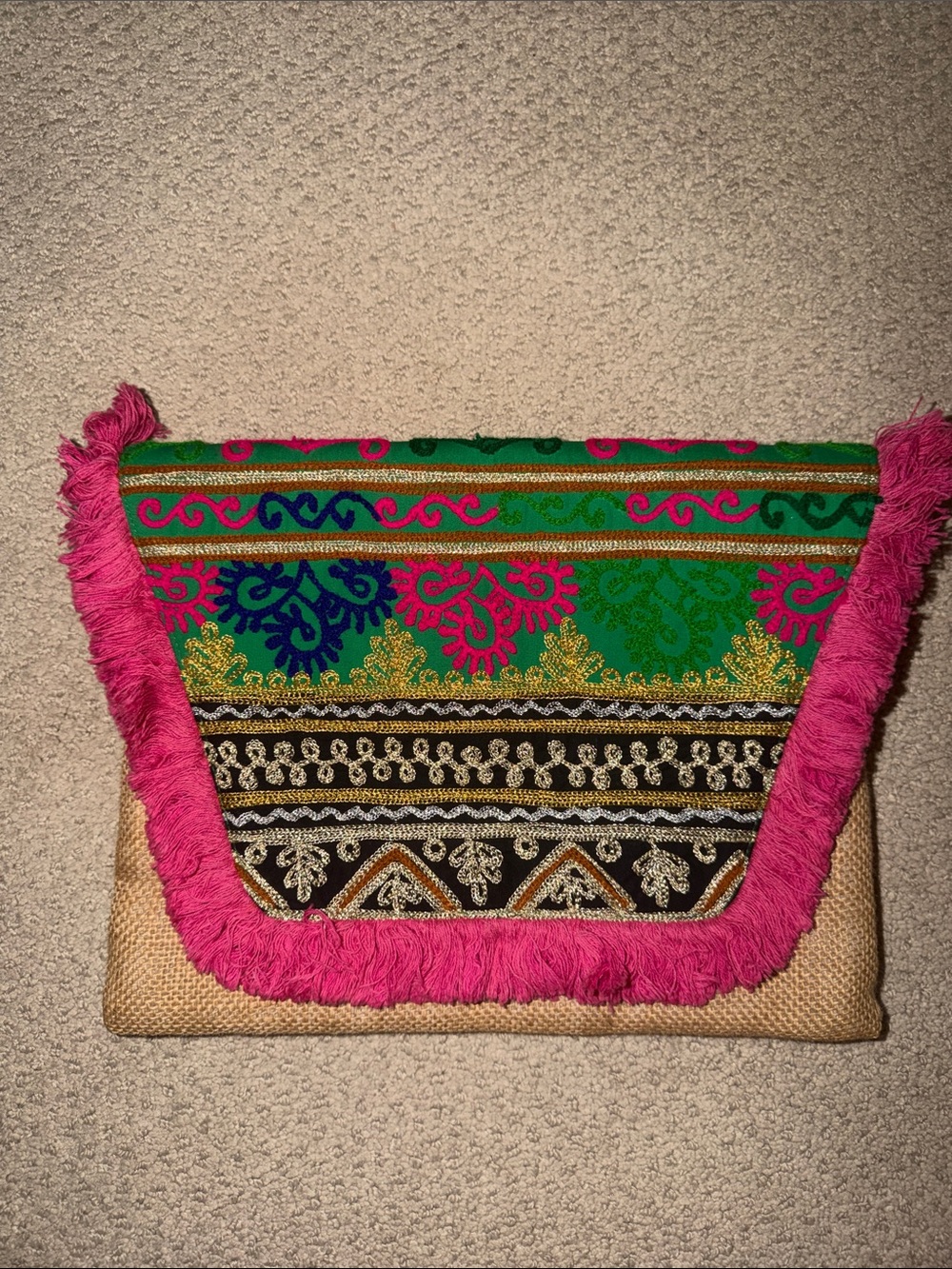 Roller Rabbit Boho Embroidered Pink Trim Green Patterned Clutch